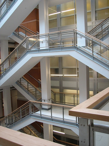 View of the center stairwell in the Genetic Medicine Building.